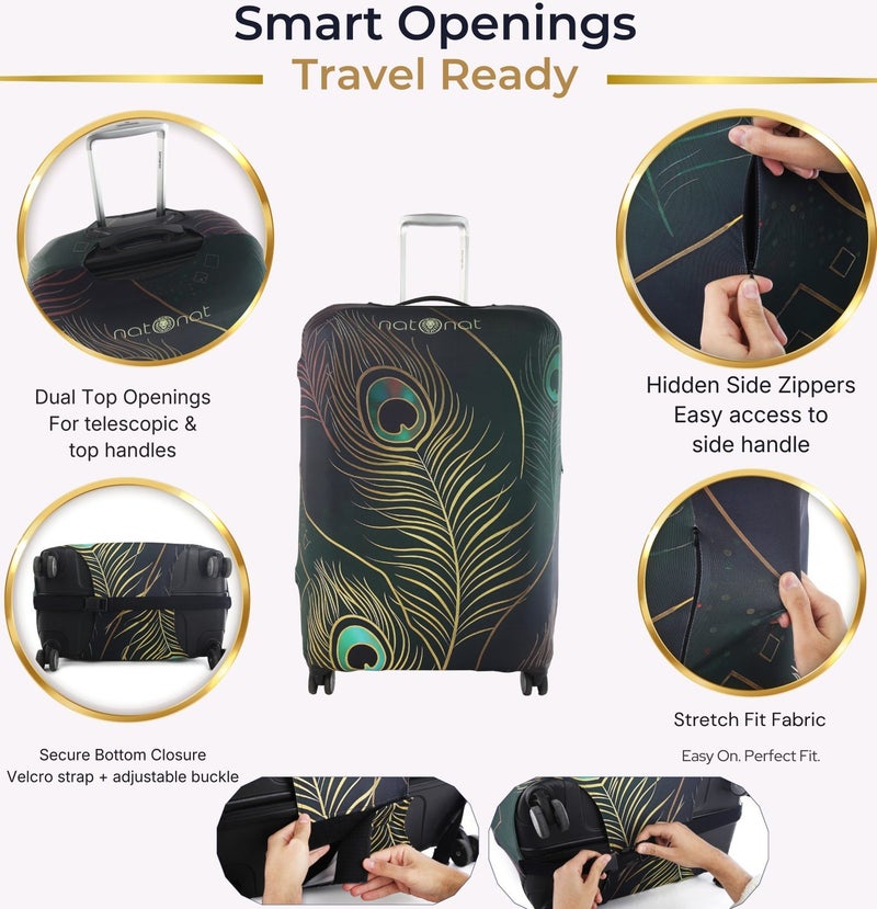 natOnat Travel Luggage Cover Protector - Suitcase Cover - Stretchy, Washable Spandex & Polyester - Protects Against Dirt & Scratches - Peacock Design - Fits 65-70 CM Height (Large) - Image 3